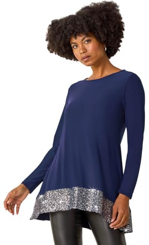 Roman Sequin Hem Tunic Stretch Top for Women UK - Ladies Autumn Everyday Winter Holiday Round Neckline Comfy 3/4 Sleeve Soft Sparkle Shirt Desk to Dinner Blouses