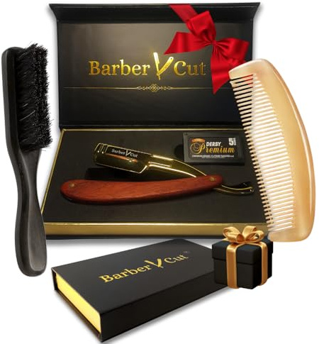 Rasoir homme Barber Cut coffret cadeau homme coupe choux en acier inoxydable couleur Or et bois précieux kit barbe Avec Pack 5 doubles-lame rasoir professionnel
