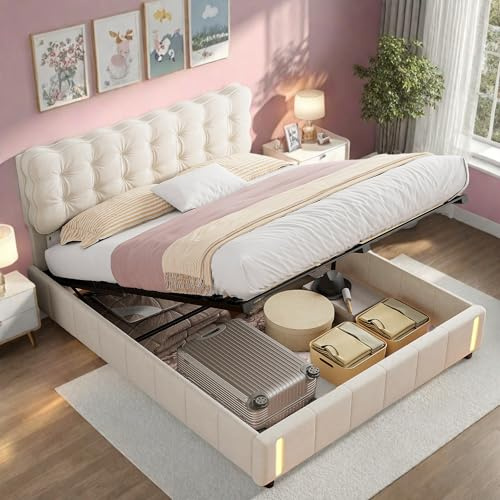 OLIVIBED Polsterbett 160x200 cm, Hydraulisch Stauraumbett mit Lattenrost und Bettkasten, Doppelbett mit Gepolstertem Kopfteil, Jugendbett für Erwachsene, Ohne Matratze, Samt, Beige
