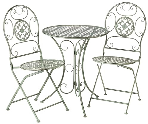 Kobolo Tischgruppe Antique Green | 3-teilig | Metall | klappbare Sitzgruppe im Vintage-/Landhausstil | runder Gartentisch & 2 Stühle für Garten, Balkon, Terrasse – dekorativ, stabil & nostalgisch