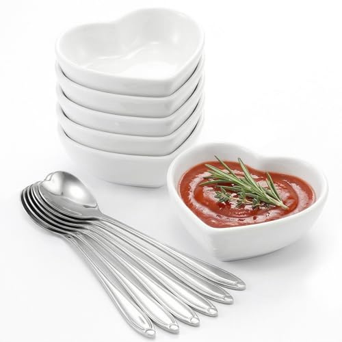 Mssushi 6Pzs Cuencos Cerámica Corazón 70ml/2oz, Mini Cuencos Aperitivos Corazón con Cucharas, Mini Bol Ceramica, Platos Postre Set para Salsa de Soja, Sushi, Snacks, Especias, Ketchup (Blanco)