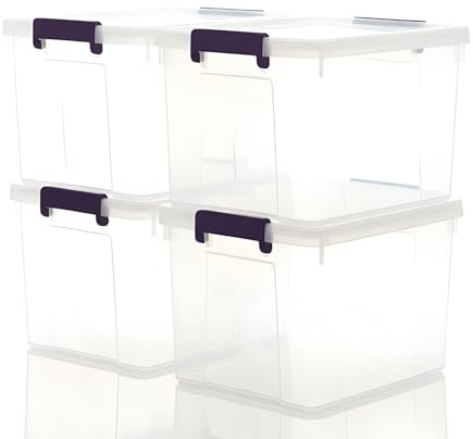 Homivo 4 x 20L Plastic Storage Boxes with Lids - Clear Stackable Boxes with Secure Buckle Latches, Large Storage Containers for Home Organisation, Wardrobe, Toys, Clothes & Garage Storage Solutions