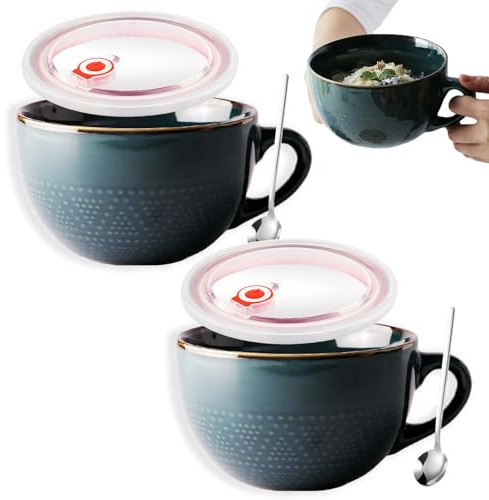 Tazza da Caffè Grande, 700ml Tazza da Caffè in Ceramica, Tazza da Caffè Grande con Manico, Riutilizzare Tazza per Cereali, 2 Tazze da Caffè, Adatta, Lavabile in Lavastoviglie(Verde Scuro)