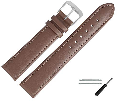 MARBURGER Uhrenarmband 18mm Leder Braun Silber Glatt Mit Naht - Montage Set 8071832000120