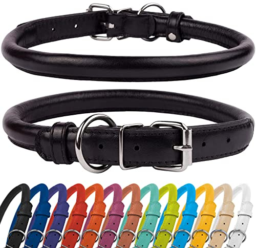 CollarDirect Hundehalsband aus gerolltem Leder, weich gepolstertes rundes Welpenhalsband, handgefertigtes echtes Lederhalsband für kleine große Katzenhalsbänder (16-18 Zoll, Schwarz Strukturiert)