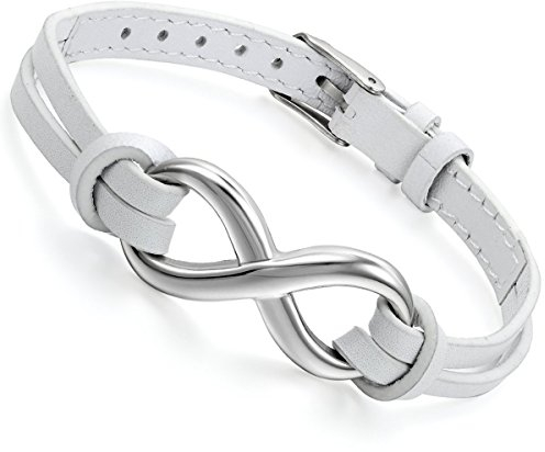 Flongo Lederarmband, Leder Echtleder Armband Armreifen Weiss Infinity Unendlichkeit Zeichen Symbol Lieben Charme Einstellbar Herren,Damen