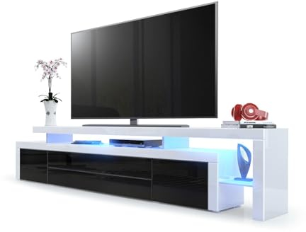 Vladon TV Board Lowboard Leon V3, Made in Germany, Korpus und Überbau in Weiß Hochglanz/Front in Schwarz Hochglanz mit Rahmen in Weiß Hochglanz inkl. LED Beleuchtung (227 x 52 x 35 cm)