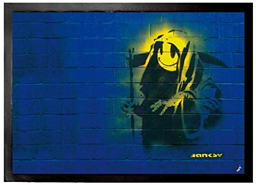 1art1 Banksy Smiley Sensenmann Fußmatte Dekomatte Innenbereich | Design Türmatte 70x50 cm