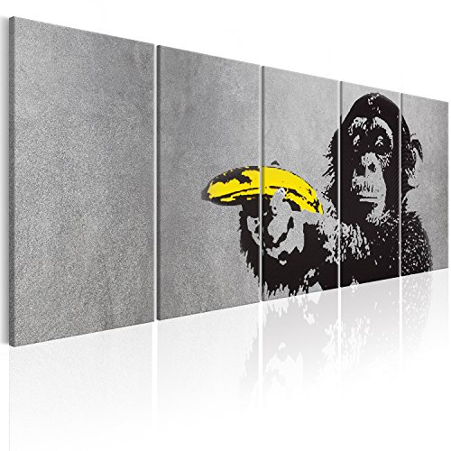 murando - Wandbilder XXL Banksy Affe mit Banane 200x80cm 5 tlg - Wand Deko Leinwand Bilder Groß Wanddeko Wohnzimmer Schlafzimmer Kunstdrucke - Monkey Street Art Urban Mural