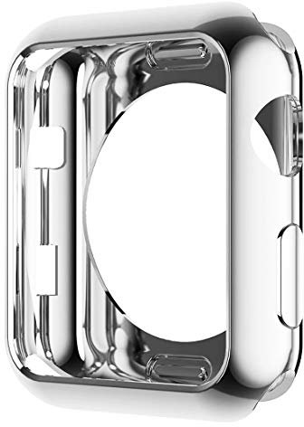 HANKN Soft TPU Case for Apple Watch Series 3 2 1 38mm Case, Plated Shockproof Shell Frame Cover Protective Iwatch Bumper [No Front Screen Protector] (Shiny Silver, 38mm)