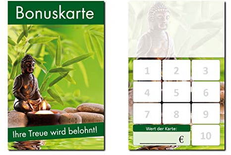 100 Stück Bonuskarten Wellness Feng Shui (BOK-418) mit 10 Stempelfeldern Treuekarten Massage Beauty