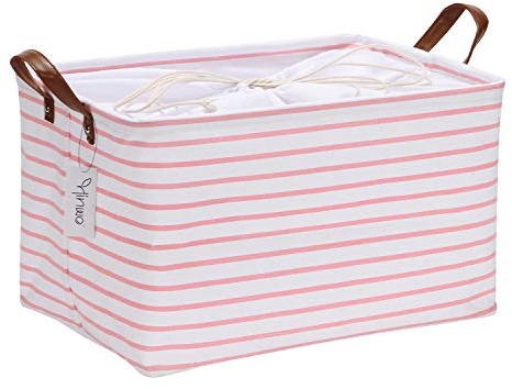 Hinwo 31L Large Capacity Storage Basket Canvas Fabric Storage Bin Collapsible Storage Box with PU Leather Handles and Drawstring Closure, 16.5 by 11.8 inches, Waterproof Inner Layer, Pink Stripe