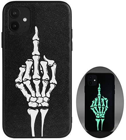X spirit Cool Case for iPhone 11, Skull Skeleton Design, Edgy Goth Gothic Emo Luminous Style, Middle Finger, Rock n Roll, Glow in The Dark, Leather Finish (iPh 11-Middle Finger)