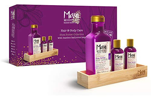 Maui Moisture Geschenkset, veganes Sheabutter-Shampoo, Conditioner und Körperlotion mit Bambus-Tablett