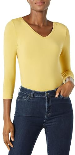 Amazon Essentials Women's Regular-Fit 3/4 Sleeve V-Neck T-Shirt (Available in Plus Size), Dark Yellow, S