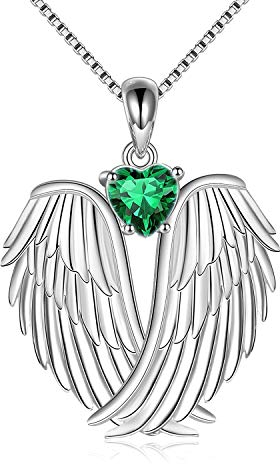 YAFEINI Flügel-Halskette, 925er-Sterlingsilber, Schutzengel-Geburtsstein-Halskette, Flügel-Anhänger, Schmuck für Frauen und Mädchen, Geschenke (Mai)