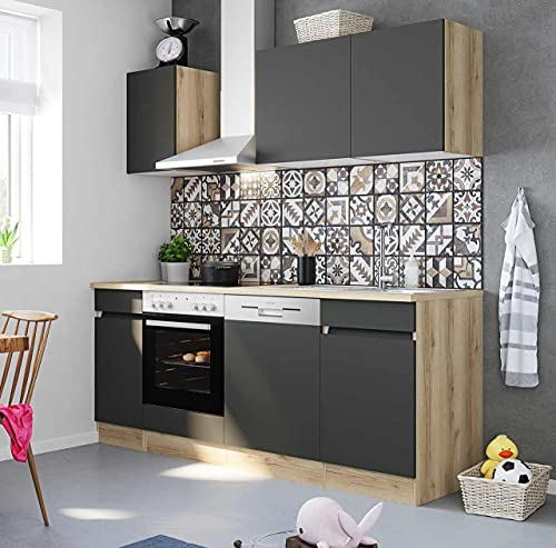 idealShopping GmbH Küchenblock Noah 210 cm mit Einbauspüle ohne Elektrogeräte in anthrazit matt (Geschirrspüler geeignet)