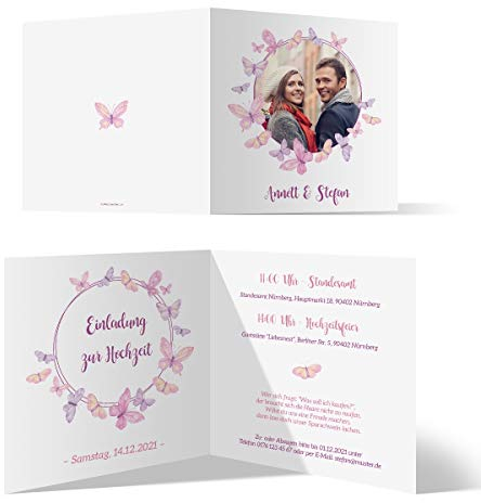 20 x Individuelle Hochzeitseinladungen quadratische Klappkarte Set mit Text und Foto selbst gestalten - Schmetterlinge