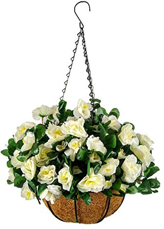 Hängekorb mit Kette und Blumentopf, künstliche Rhododendron-Seide, weiße Blumen, künstliche Blumen, Azaleen, für drinnen und draußen (mittelgroßer Korb)