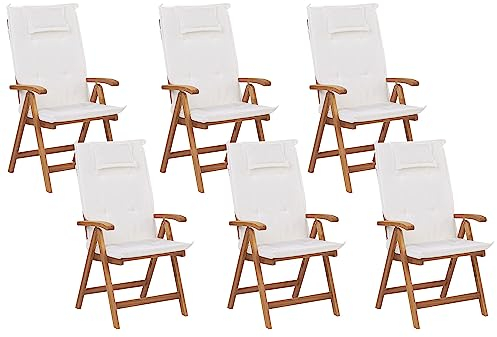 Beliani Gartenstuhl Akazienholz Hellbraun 6er Set klappbar verstellbar Kissen weiß Java