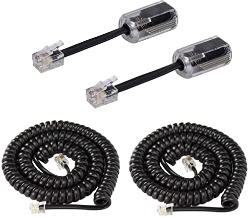 KINXIYU Telephone Handset Cord Detangler 2 Sets, 2 Pack Landline Handset Cord Cable (7.5Ft Uncoiled, 1.5 Ft Coiled) and 2 Pack Anti-Tangle Telephone Cord Untangler 360 Degree Rotating Swivel Cord