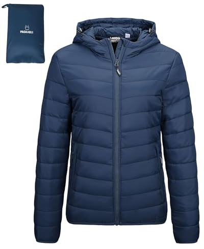 Outdoor Ventures Women's Winter Lightweight Puffer Jacket with Hood, Warm, Short, Packable, Quilted, Transitional, Padded Jacket for Ladies, Lined for Hiking, Travel Navy Blue S