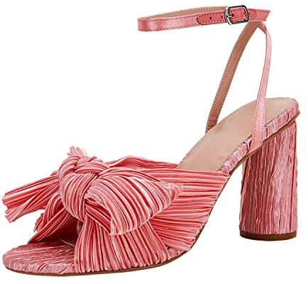 VETASTE Damen-Sandalen mit Schleife, Knoten, Absatz, Brautschmuck, Hochzeit, offene Zehenpartie, Knöchelriemen, klobige Absätze, Pink, 37 EU