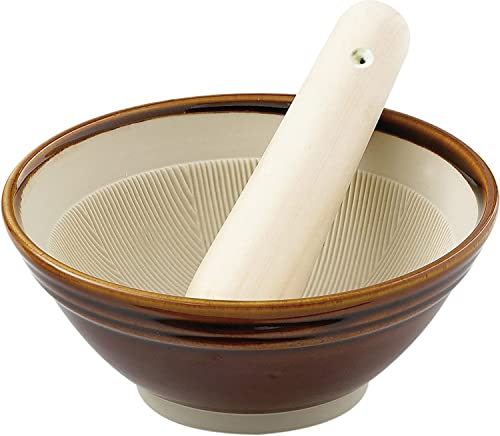 Mortier et pilon japonais Suribachi - Pilon et mortier en bois pour écraser les graines de sésame, l'ail et les herbes - Bol à mortier en céramique