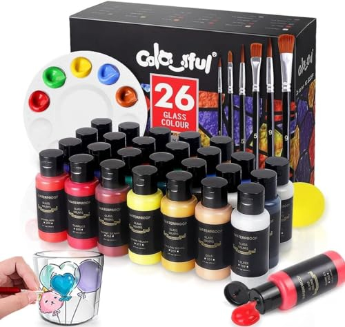 Colorful Glass Paint Kit with 6 Brushes, 1 Palette & 1 Sponge - 30ml/Bottle 26 Colors Permanent Stain Glass Paints for Gallery, Window, Wine Glass Art
