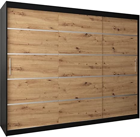 MEBLE KRYSPOL Schwebetürenschrank Verona 1 250 cm Kleiderschrank mit Kleiderstange und Einlegeboden Schlafzimmer- Wohnzimmerschrank Schiebetüren Modern Design (Schubladen: 0, Schwarz + Artisan Eiche)