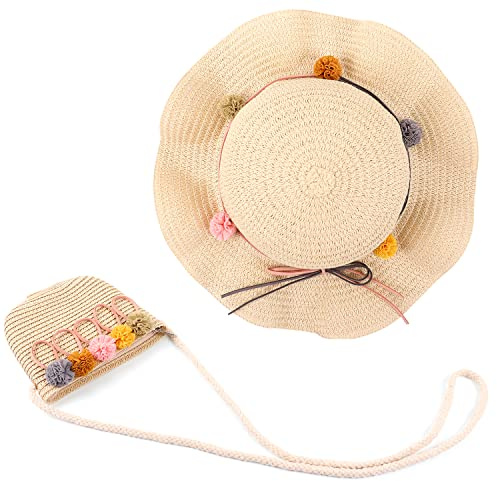 MAMUNU Mädchen Sonnenhut und Tasche, 2 Stück Strohkappe Strand Sonnenhut und Mini Umhängetasche mit Blumen, für Kinder Baby Mädchen Teeparty Urlaub Picknick Outdoor Aktivitäten, Style01-Beige, Small