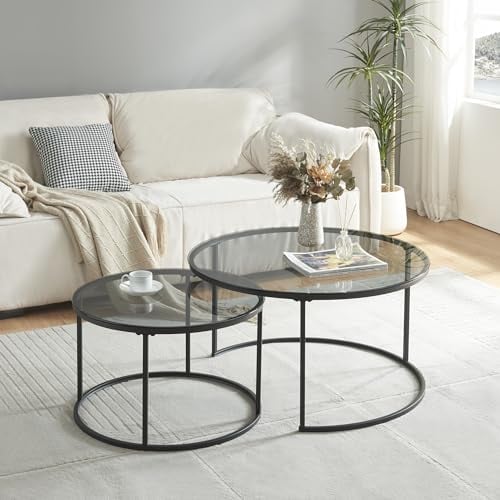 [en.casa] Couchtisch Kokkola 2er Set Wohnzimmertisch rund Beistelltisch Schwarz Tischplatte aus Rauchglas Kaffeetisch Metallgestell Satztisch Sofatisch