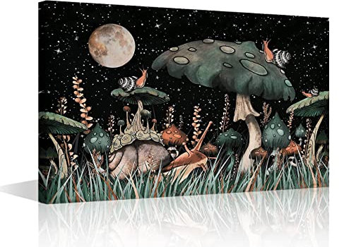 TISHIRON 1 Panel Night Sarry Sky Mushroom Canvas Wall Art Painting for Home Office Bathroom Decoration Modern Canvas Artwork Giclee Print on Canvas Wooden Board Art Ready to Hang 16x24inch