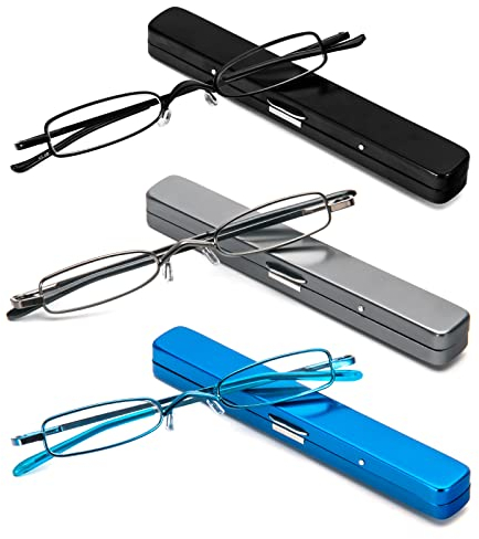 MMOWW Pack of 3 Mini Metal Reading Glasses Women Men Spring Hinge Classic Small Slim Lightweight Reading Aid Glasses with Case (Black+Blue+Grey,+1.5)