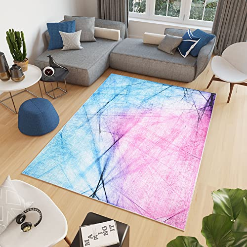 TAPISO Toscana Teppich Bedruckt Rosa Blau Abstrakt Linien 120 x 170 cm | 100% Polyester, 6 mm Florhöhe, bedruckt