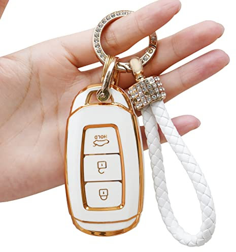Yumzeco Silicone TPU Autoschlüssel Hülle Cover, 3 Tasten Autoschlüssel Cover Kompatibel mit Hyundai Tucson Elantra Palisade Santa Fe IG, Auto Keyless Smartkey Schutzhülle mit Schlüsselbund(Weiß)