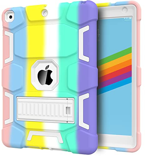 CCMAO for iPad 9th/8th/7th Generation 10.2 Inch Case 2021/2020/2019, with Kickstand, Heavy Duty Shockproof Hybrid Three Layer Protective Cover, Rainbow