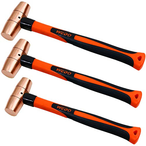 WEDO Set di 3 martelli in rame, 0,5 kg e 2 libbre e 2 libbre, martello tipo tamburo, manico in fibra di vetro, forgiatura, resistente alla corrosione, standard DIN