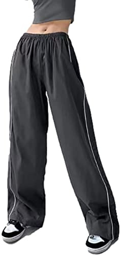 Shebote Womens Parachute Pants Wide Leg Baggy Pants Y2K Elastic Waist Jogger Sweatpants Track Pants Streetwear, Grey, M