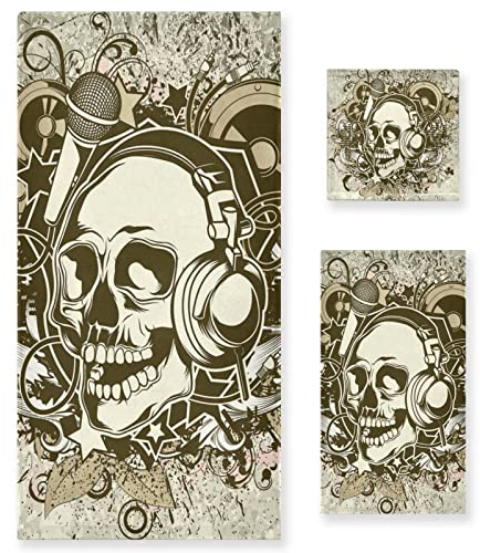 Mnsruu Badetücher 3er Set, Totenkopf Duschtücher Sets 1 Badetuch 1 Handtuch 1 Waschlappen für Badezimmer Strand Fitnessstudio