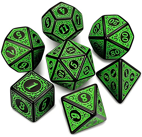 QMAY DND Dice Polyedrisches Würfel Set - 7 Stück für Dungeon und Dragons MTG RPG D&D D20, D12, D10, D%, D8, D6, D4 (Grüne Gravurmuster)
