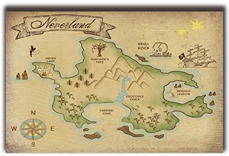 XIHOO Inspiriert Peter Pan, Nimmerland Karte Poster für Heimdekoration, Wandkunst, 28 x 43 cm, rahmenloses Geschenk