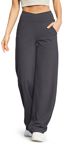 G4Free Yogahose Damen Lang Weite Jogginghose Hohe Taille Crossover Elegant Straighthose Bauchkontrolle Schlaghose Sporthose mit Taschen(Tiefes grau,L,31)