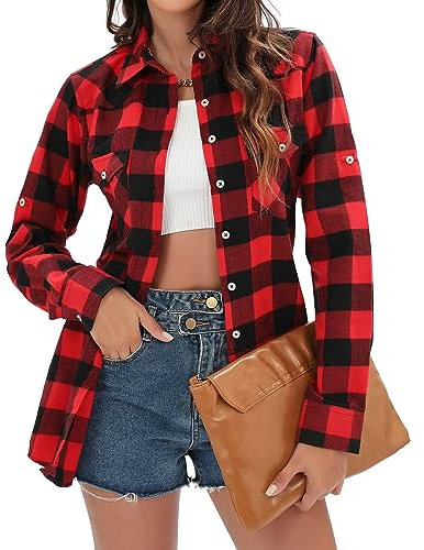 siliteelon Damen Hemd Kariertes Rot Schwarz Baumwolle Freizeithemd Bluse Langarm Regular Fit Flanellhemden,S