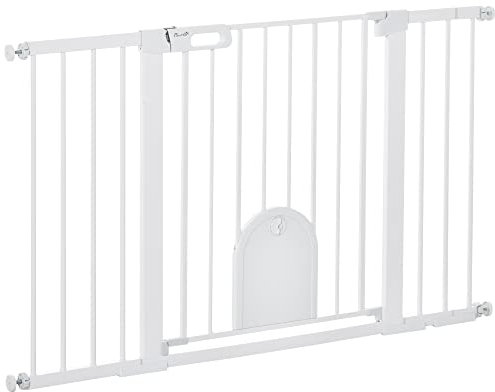 PawHut Türschutzgitter Treppenschutzgitter Hunde Absperrgitter Schutzgitter für Haustier Hundegitter Klemmbefestigung Metall ABS Weiß 75-131 x 76 cm