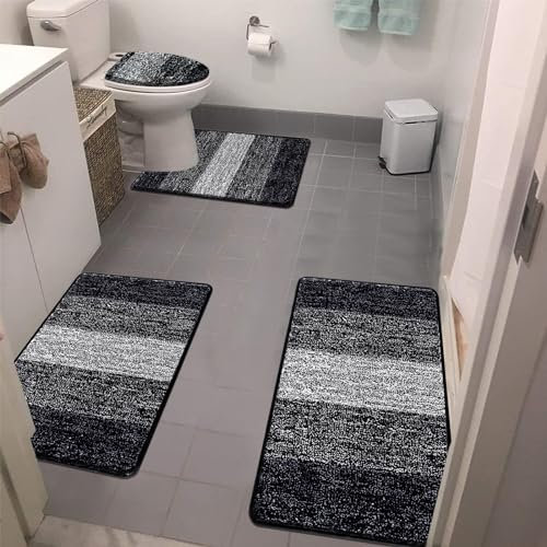 Bsmathom Bathroom Rug Set 4 Piece with Toilet Cover, Soft Absorbent Non-Slip Bath Mats, Machine Washable, Black, 18x26+20x31+20x24+Cover19x21