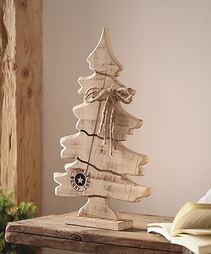 Dekofigur Tannenbaum Merry Christmas aus Holz, rustikal, Weihnachtsdeko fürs Wohnzimmer, Adventsdeko, Dekoration für Weihnachten,