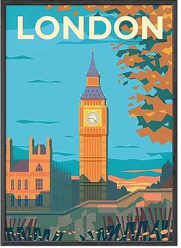 JUNOMI® London Poster XL, DIN A2 Wohnzimmer Deko, Modernes Wandbild, England Bild, Reiseposter, London Wandbild | Mit Rahmen Schwarz
