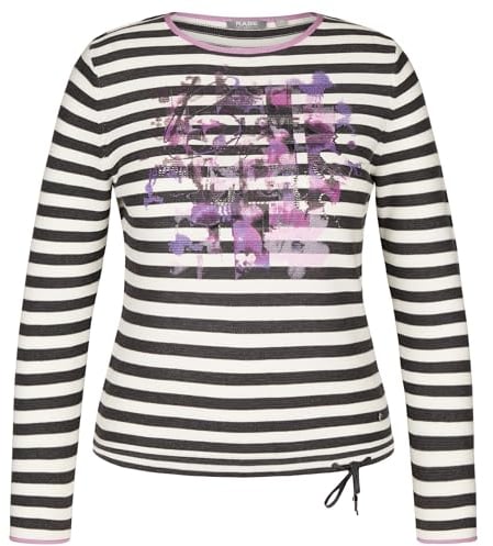 Rabe Damen Pullover gestreift mit Blumen Glanzprint Granit grau/Weiss - 40
