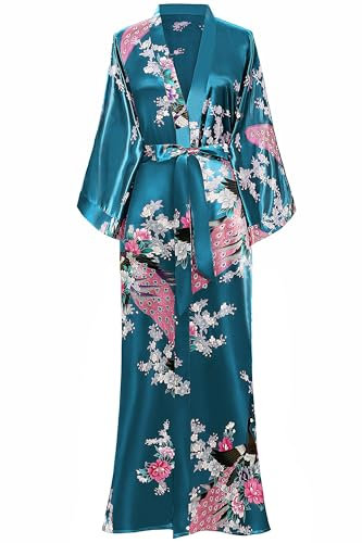 BABEYOND Robe de chambre très longue en satin pour femme, kimono d’été à motif floral, long peignoir kimono imprimé, pour soirée pyjama entre filles, taille unique grande taille